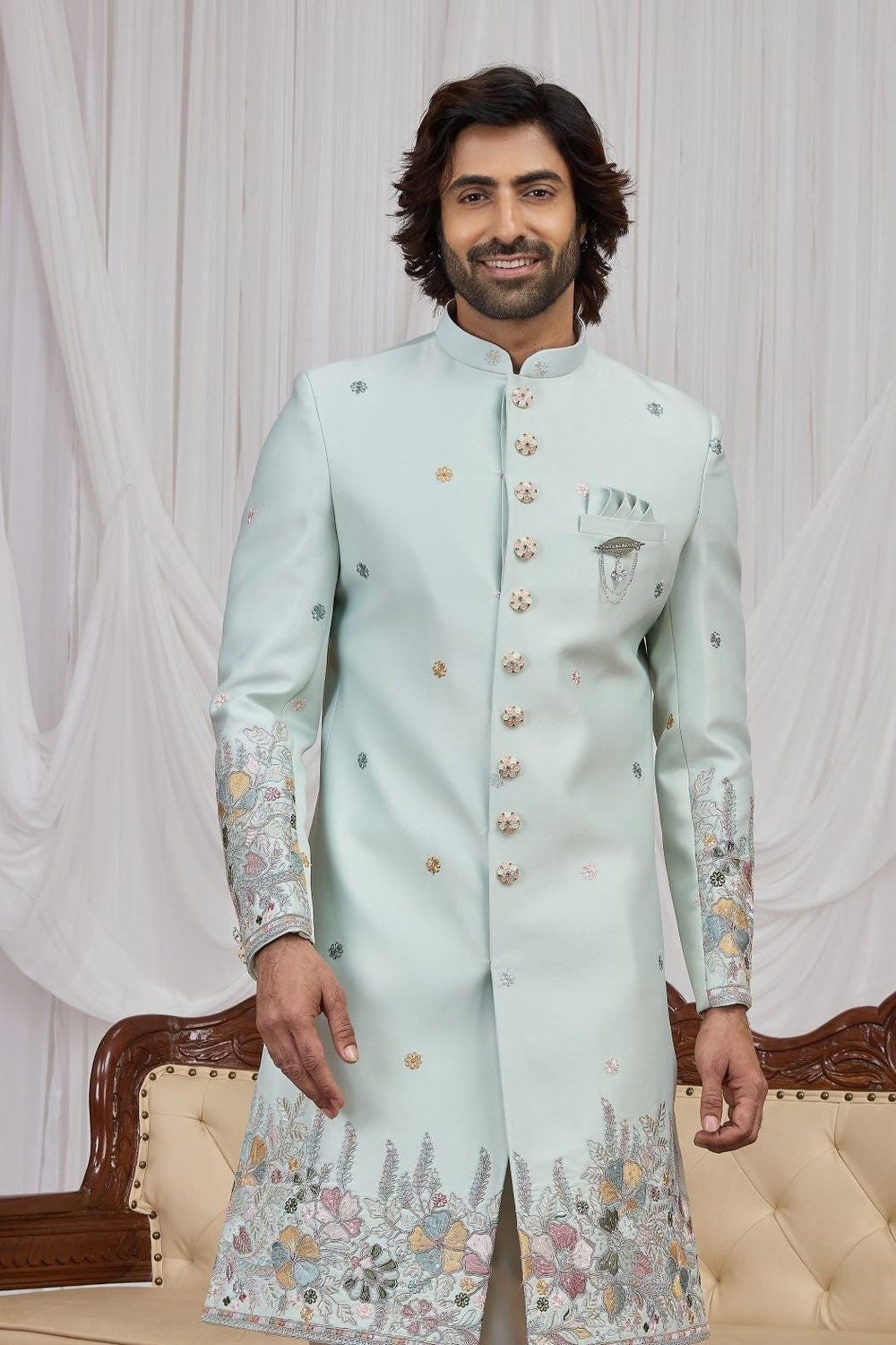 Light Pastel Mint Green Men's Kurta Pyjama Style Sherwani - Thread Embroidery - close-up view