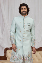 Light Pastel Mint Green Men's Kurta Pyjama Style Sherwani - Thread Embroidery - close-up view