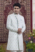 Light Sky Blue Jacquard Mens Indian Wedding Attire Indo Western - close-up view
