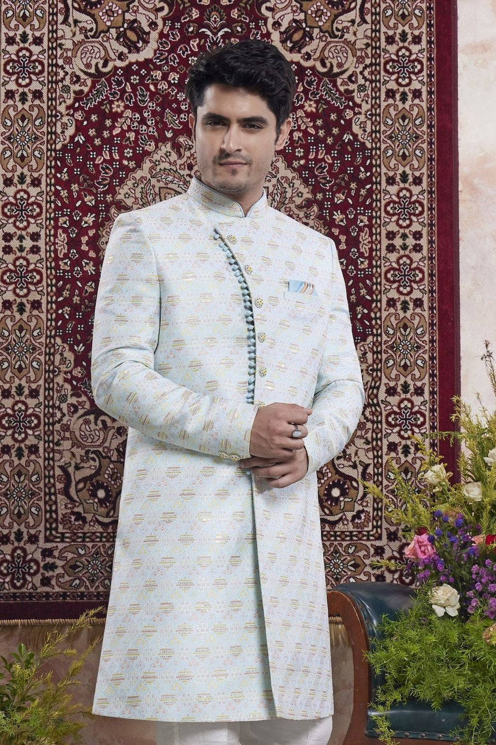Light Sky Blue Jacquard Mens Indian Wedding Attire Indo Western - close-up view