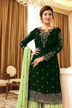 Green Georgette Sharara Set for Women for Wedding & Mehndi Ceremory - Thread Embroidery Work - close-up view