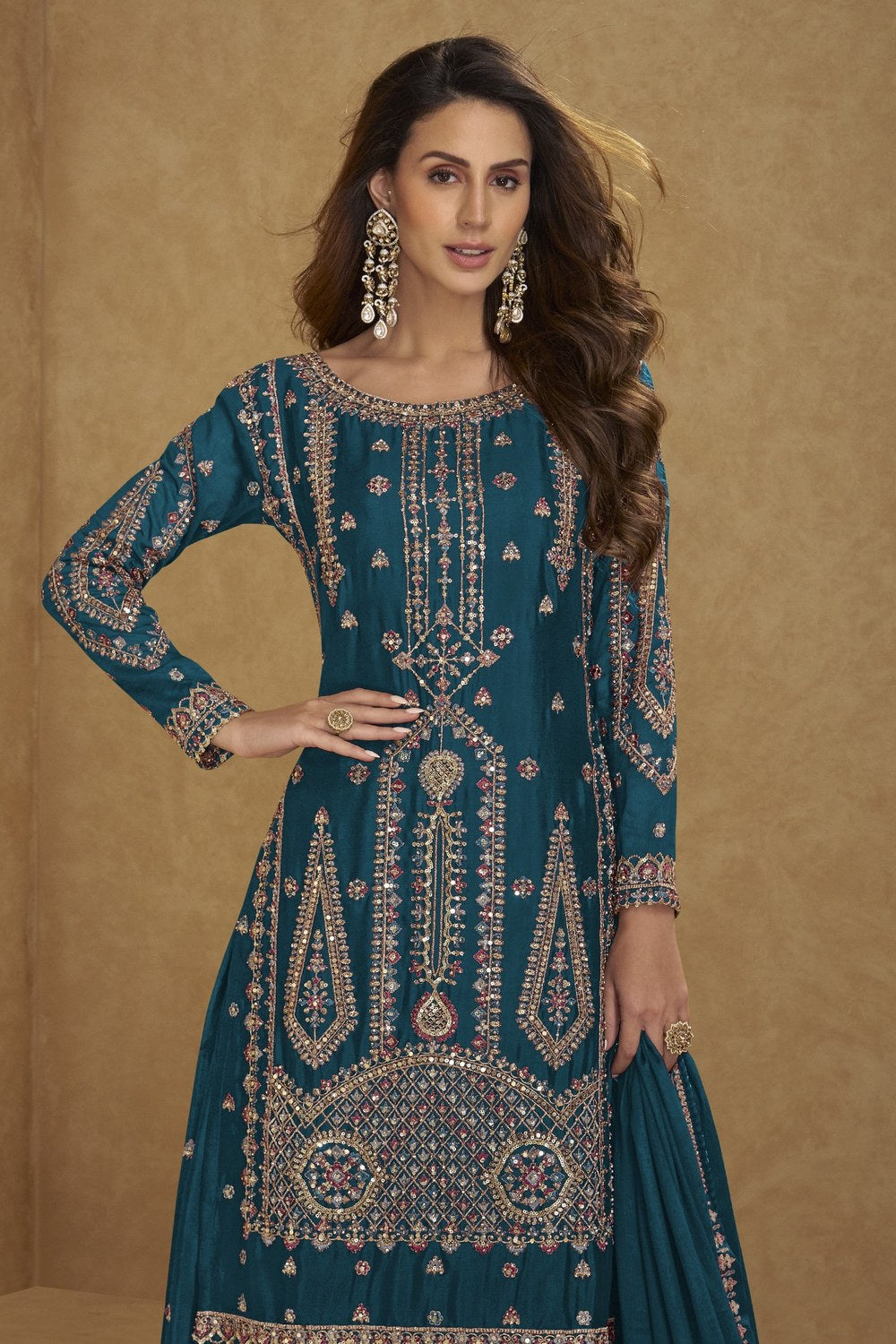 Teal Chinon Silk Long Kameez with Plazo in Sequins & Thread Work - close-up view