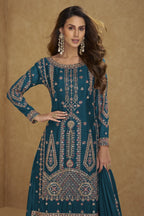 Teal Chinon Silk Long Kameez with Plazo in Sequins & Thread Work - close-up view