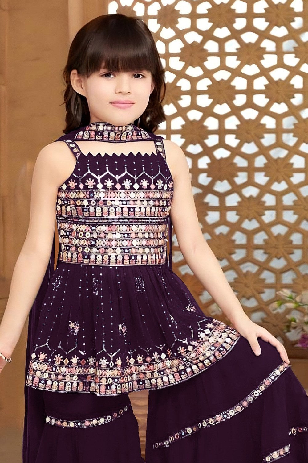 Purple Crepe Kidswear Girl Kameez with Sharara Suit & Dupatta Dress for Kids for Wedding - Thread & Sequins Embroidery Work - close-up view