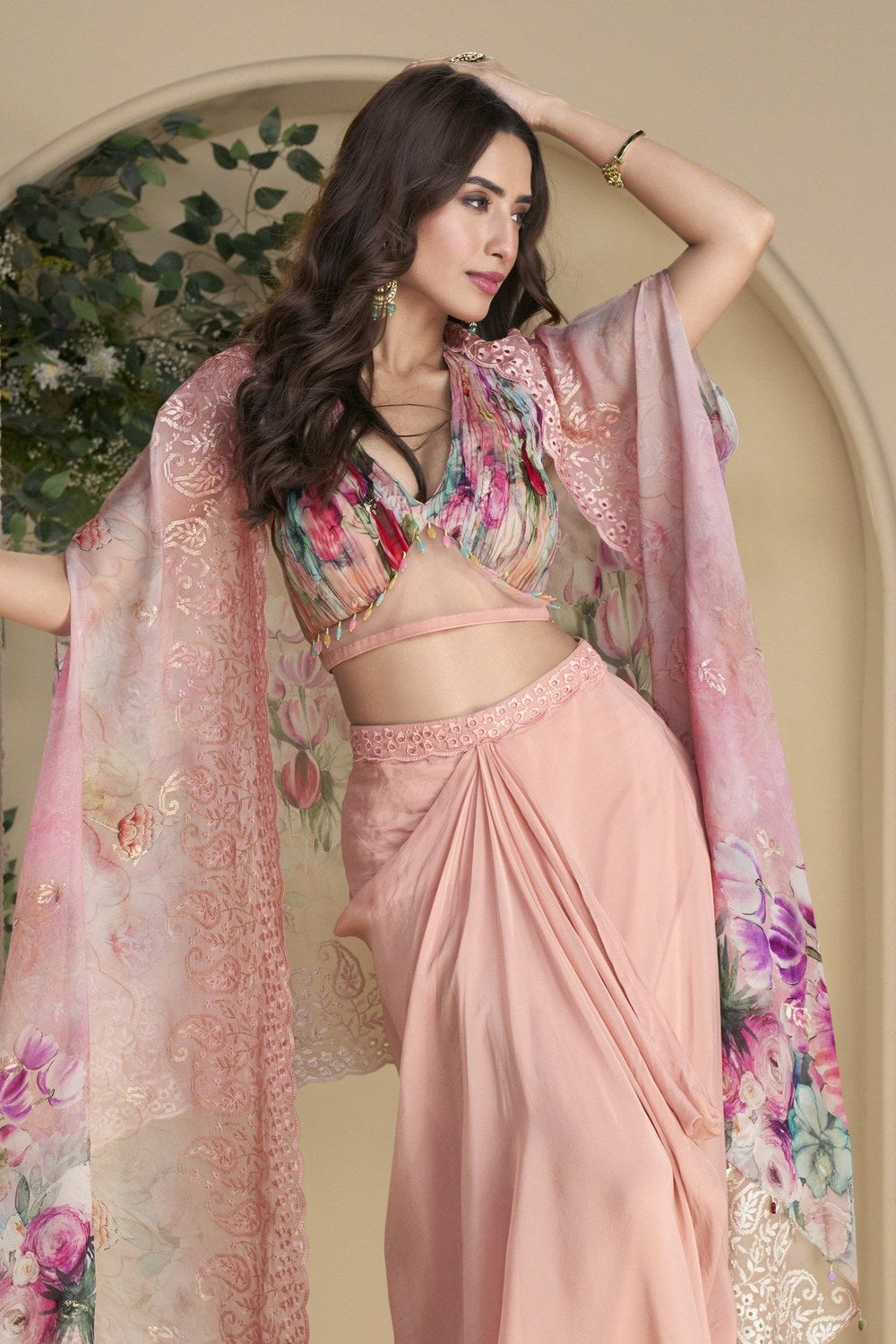 Baby Pink Chinon Silk Plazo Choli With Shrug For Indian & Pakistani Wedding Festival - Thread & Sequins Embroidery Work, Print Work - close-up view