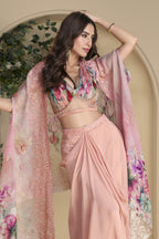 Baby Pink Chinon Silk Plazo Choli With Shrug For Indian & Pakistani Wedding Festival - Thread & Sequins Embroidery Work, Print Work - close-up view
