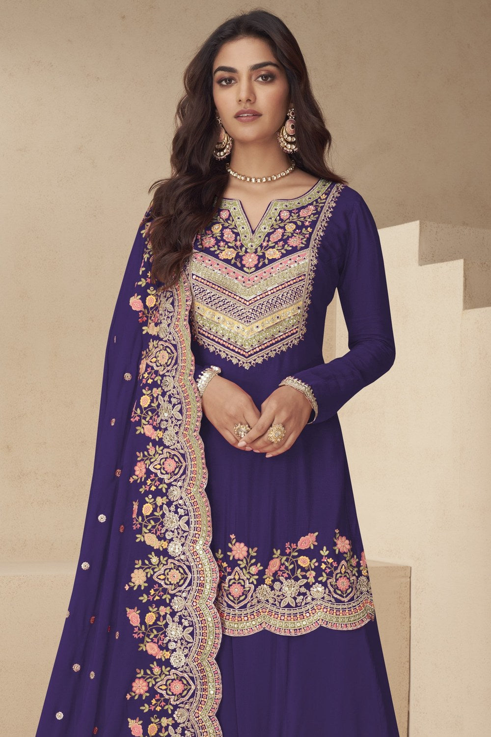 Palazo for Sangeet Violet Chinon Silk Palazzo Suit with Thread & Sequins Embroidery - close-up view