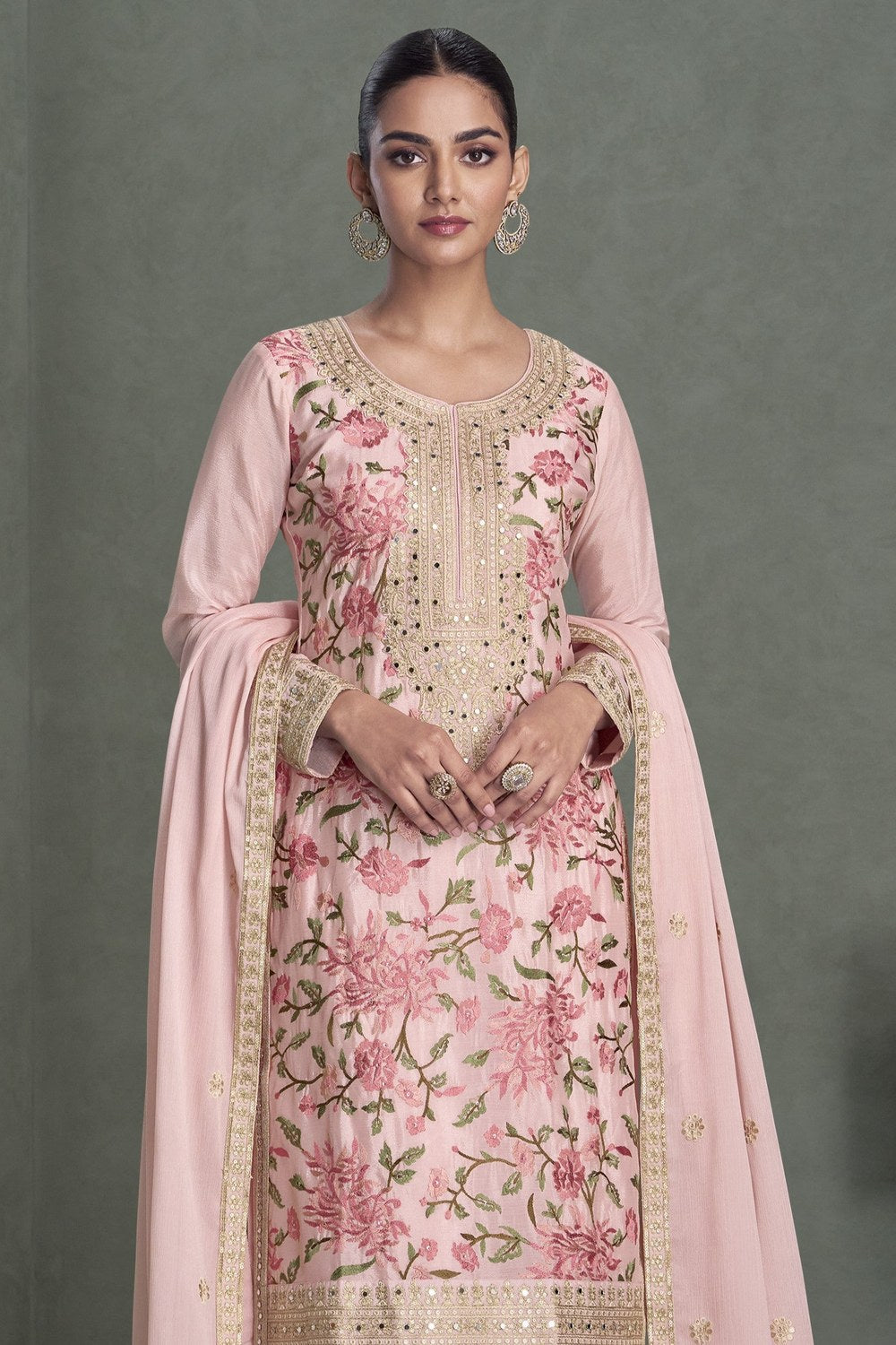 Baby Pink Chinon Silk Palazzo Suit Reception Dress for Indian Wedding Guests - Embroidery Work - close-up view