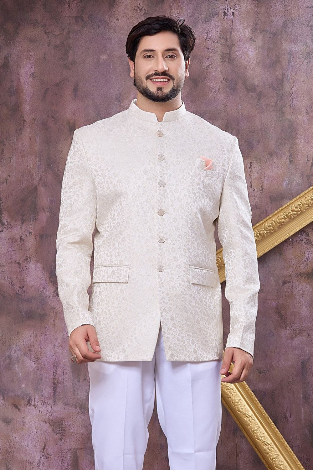 Light Cream Art Silk Jodhpuri Bandhgala Suit & Pant with Woven Work - close-up view