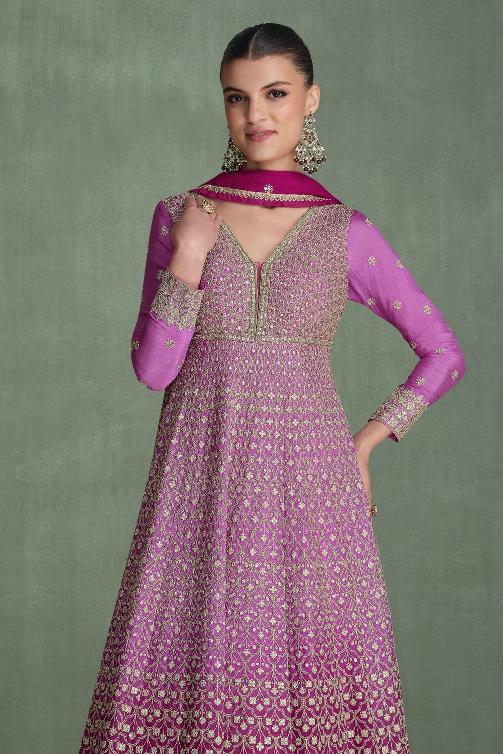 Pink Georgette Anarkali for Indian Wedding Guests Outfits - Embroidery Work, Swarovski Work - close-up view
