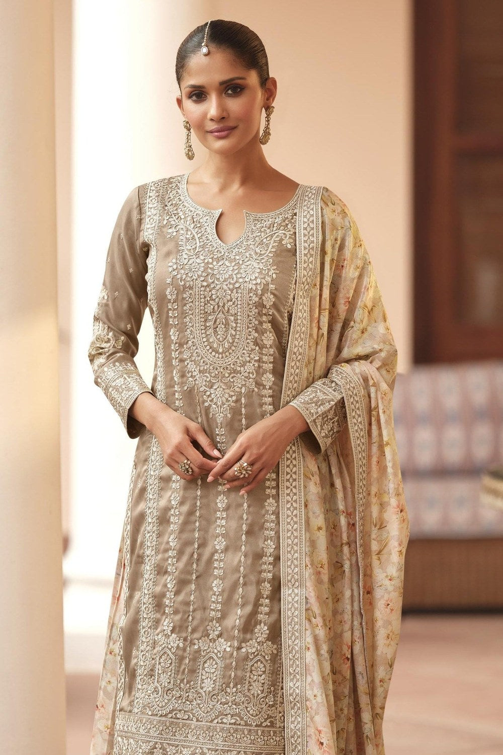 Beige Chinon Silk Pastel Color Plazo Suit Floral For Indian & Pakistani Wedding Festival - Thread & Sequins Embroidery Work, Print Work - close-up view