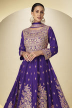 Purple Chinon Silk Kameez With Pant For Indian & Pakistani Wedding Festival - Sequins & Thread Embroidery Work - close-up view