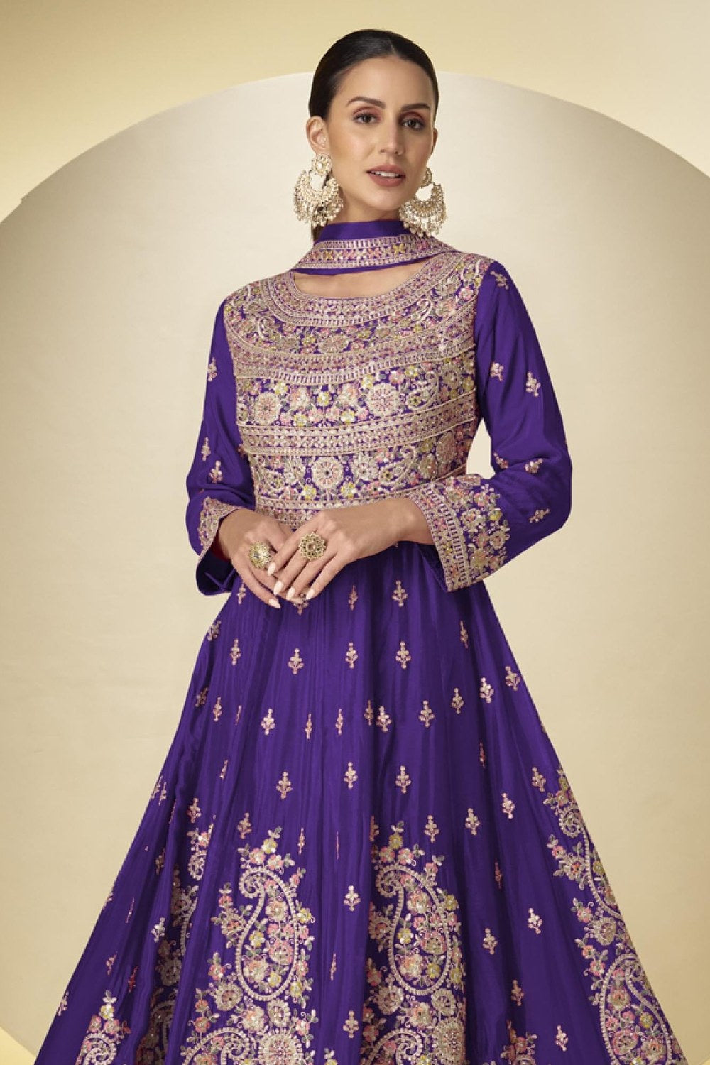 Purple Chinon Silk Kameez With Pant For Indian & Pakistani Wedding Festival - Sequins & Thread Embroidery Work - close-up view