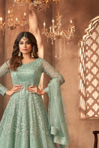 Light Green Net Indian Wedding Guests Outfits for Mehndi in Anarkali Style - Embroidery Work RTS - close-up view