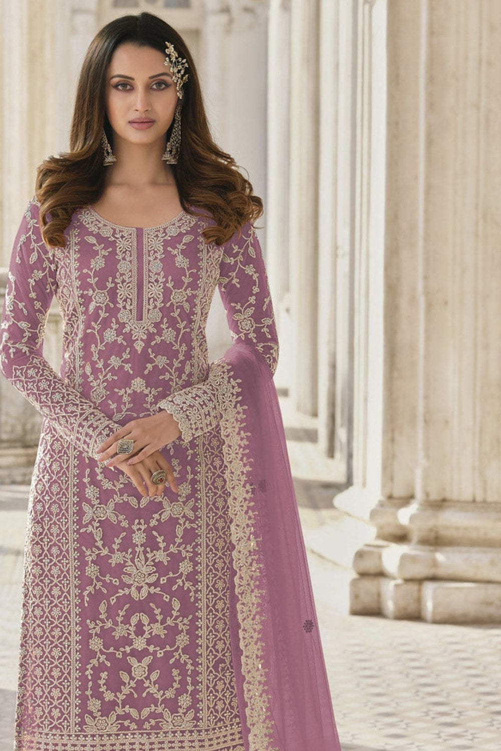 Light Purple Net Kameez Plazzo Suit For Indian Wedding & Pakistani Festival Dress - Embroidery Work - close-up view