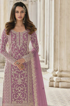 Light Purple Net Kameez Plazzo Suit For Indian Wedding & Pakistani Festival Dress - Embroidery Work - close-up view