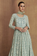 Pista Georgette Anarkali Suit For Indian & Pakistani Wedding Festival - Sequins & Thread Embroidery Work, Real Mirror Work - close-up view