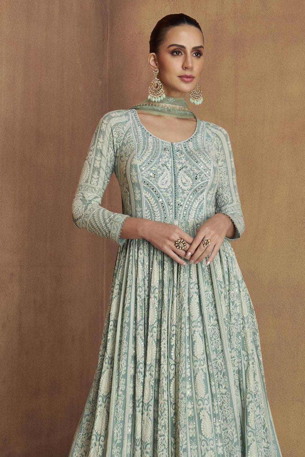 Pista Georgette Anarkali Suit For Indian & Pakistani Wedding Festival - Sequins & Thread Embroidery Work, Real Mirror Work - close-up view