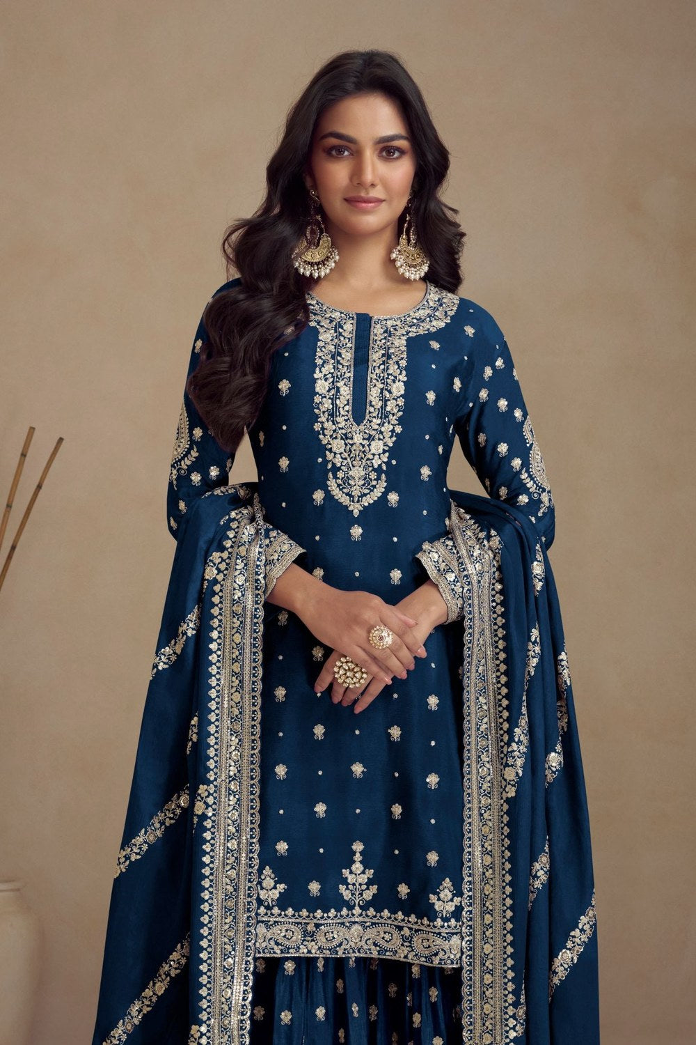 Teal Chinon Silk Plazo Kameez Suit For Indian Weddings & Pakistani Festival - Embroidery Work RTS - close-up view
