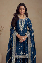 Teal Chinon Silk Plazo Kameez Suit For Indian Weddings & Pakistani Festival - Embroidery Work RTS - close-up view
