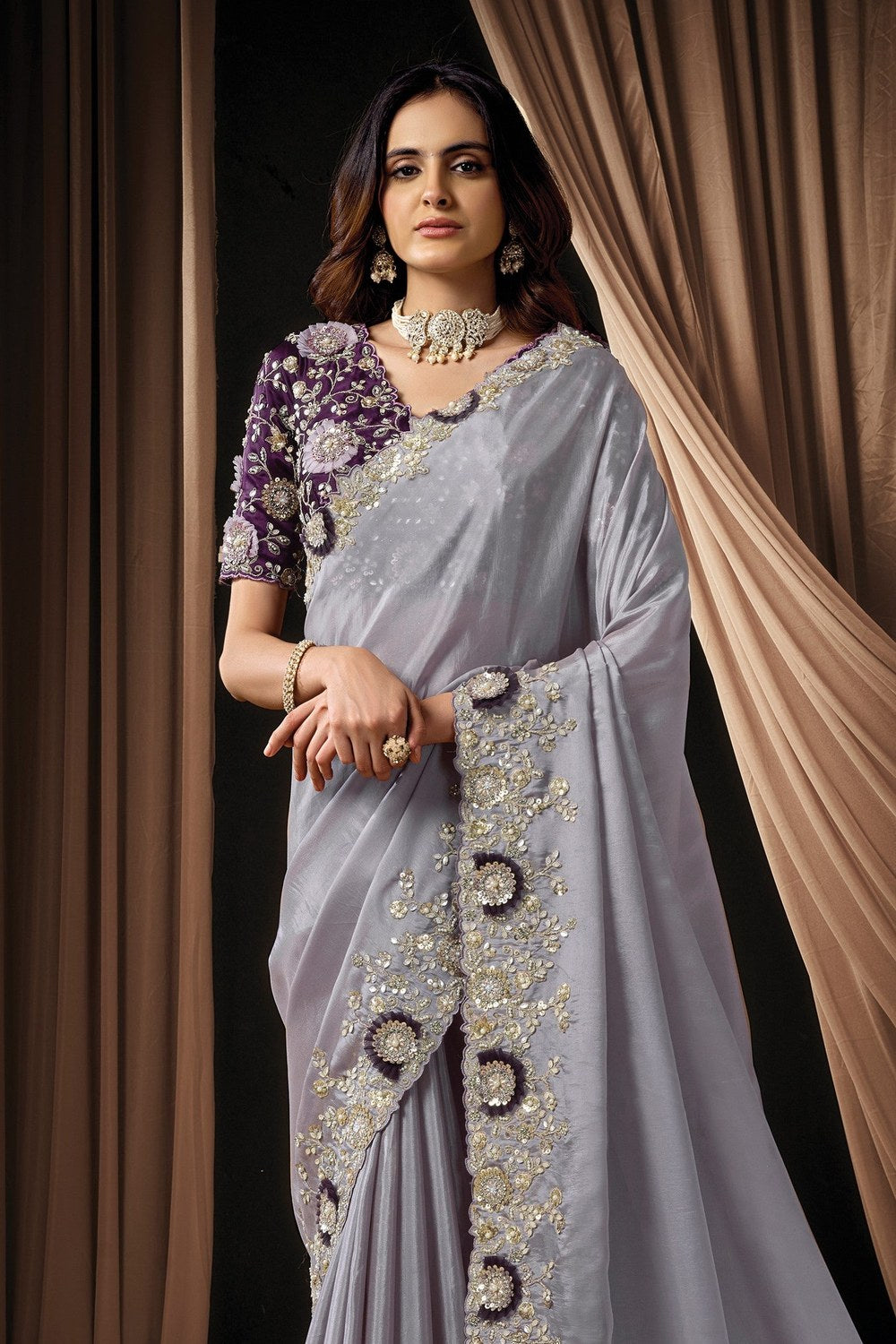 Dusty Purple Satin Saree for Wedding Guest - Sequin, Applique & Pearl Hand Work - close-up view