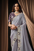 Dusty Purple Satin Saree for Wedding Guest - Sequin, Applique & Pearl Hand Work - close-up view
