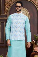 Sky Blue Art Silk Kurta Pajama with Waistcoat Jacket for Men for Wedding & Festival - Print Work - close-up view