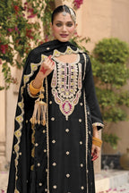 Black Chinon Silk Kameez With Palazzo Suit For Indian & Pakistani Wedding Festival - Thread & Sequence Embroidery - close-up view