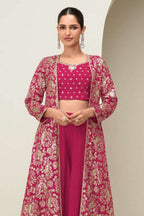 Pink Chinon Silk Crop Top with Long Jacket & Palazzo with Thread & Sequins Work - close-up view