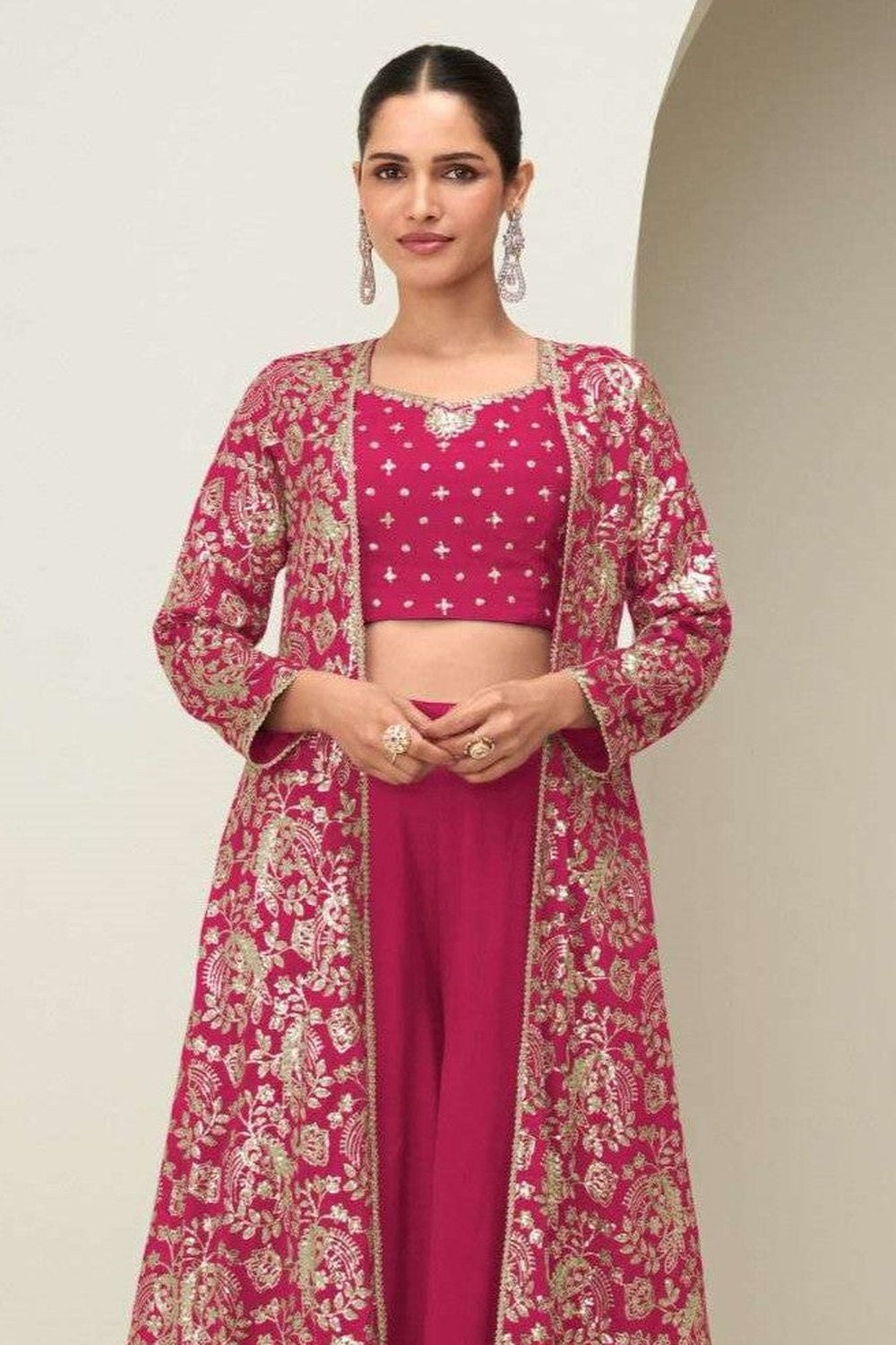 Pink Chinon Silk Crop Top with Long Jacket & Palazzo with Thread & Sequins Work - close-up view