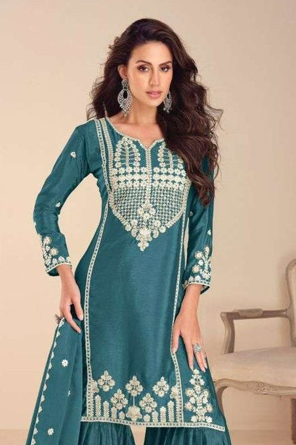 Teal Chinon Silk Sharara Suit For Indian & Pakistani Wedding Festival - Embroidery Work, Khatli Work - close-up view