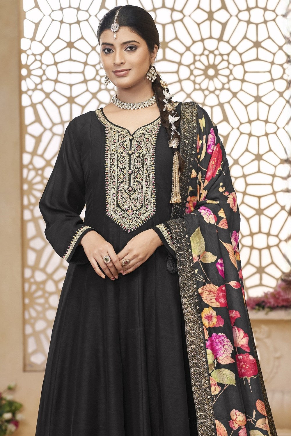Black Chinon Silk Long Kameez Pant Suit For Indian Festivals & Weddings - Embroidery Work, Print Work - close-up view