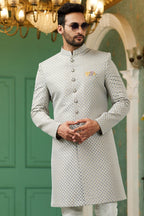 Gray Jacquard Silk Wedding Suit Indowestern Long Kurta & Pant for Men - Jacquard Work - close-up view