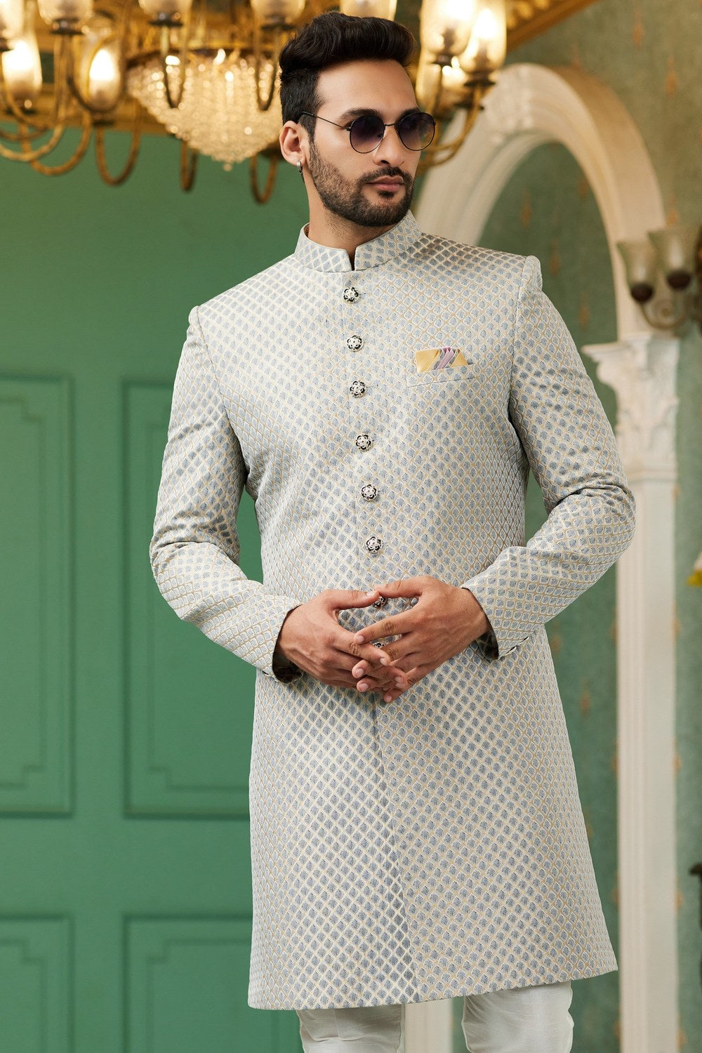Gray Jacquard Silk Wedding Suit Indowestern Long Kurta & Pant for Men - Jacquard Work - close-up view
