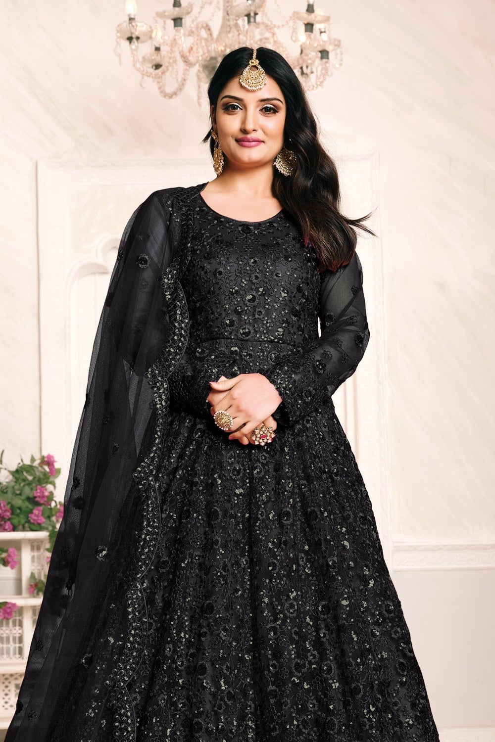Black Net Sequins Embroidery Anarkali Outfits for Mehndi - close-up view