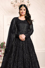 Black Net Sequins Embroidery Anarkali Outfits for Mehndi - close-up view