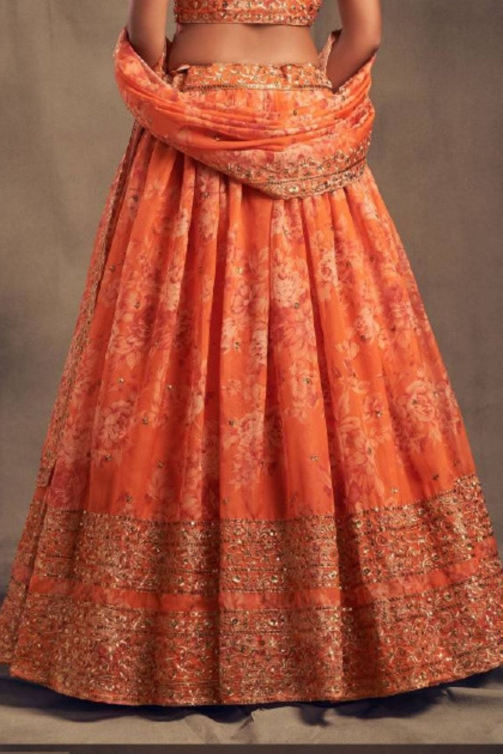 Orange Organza Floral Lehenga Choli For Indian Festival & Weddings - Embroidery Work, Print Work - hem and footwear detail