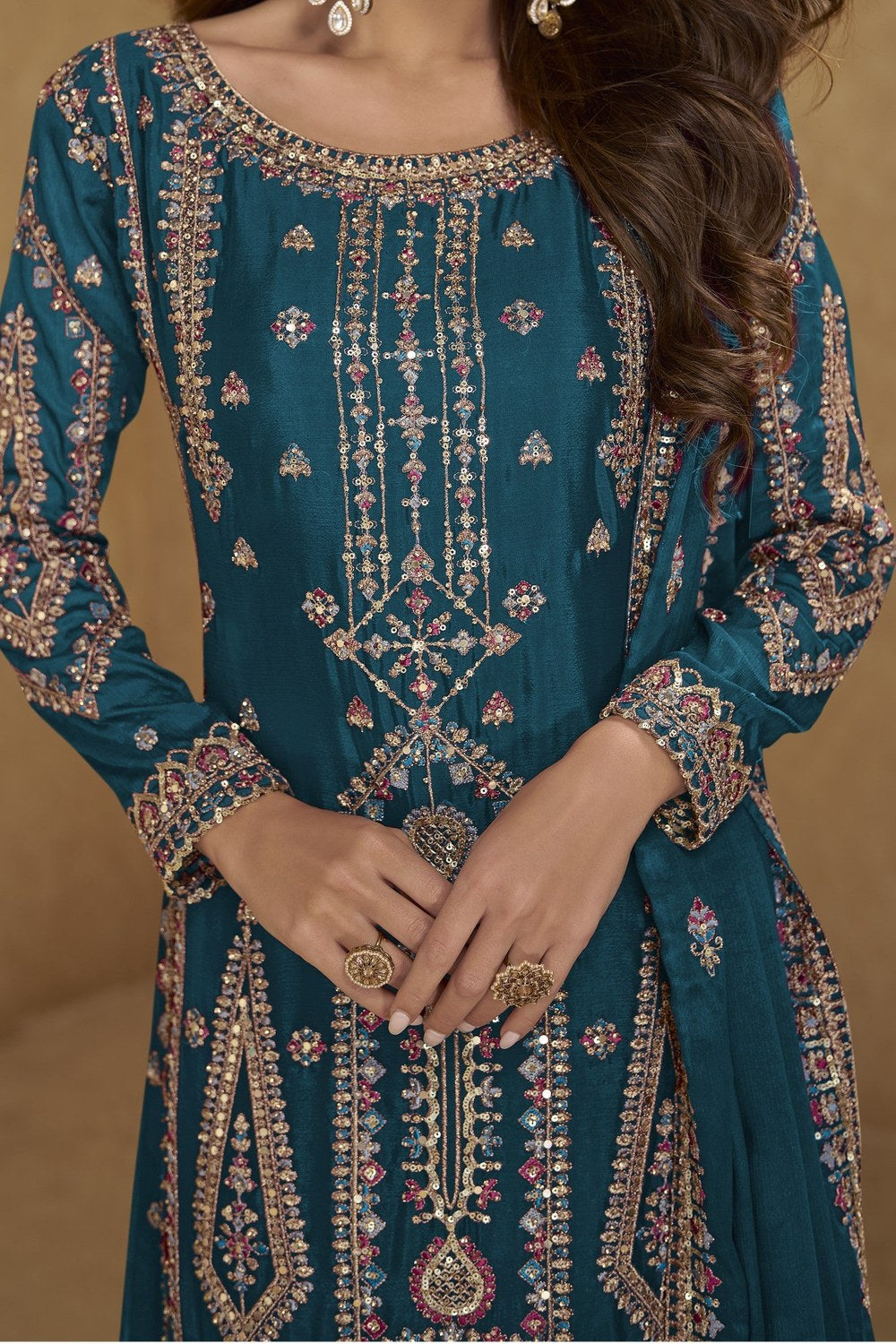 Teal Chinon Silk Long Kameez with Plazo in Sequins & Thread Work - hem and footwear detail