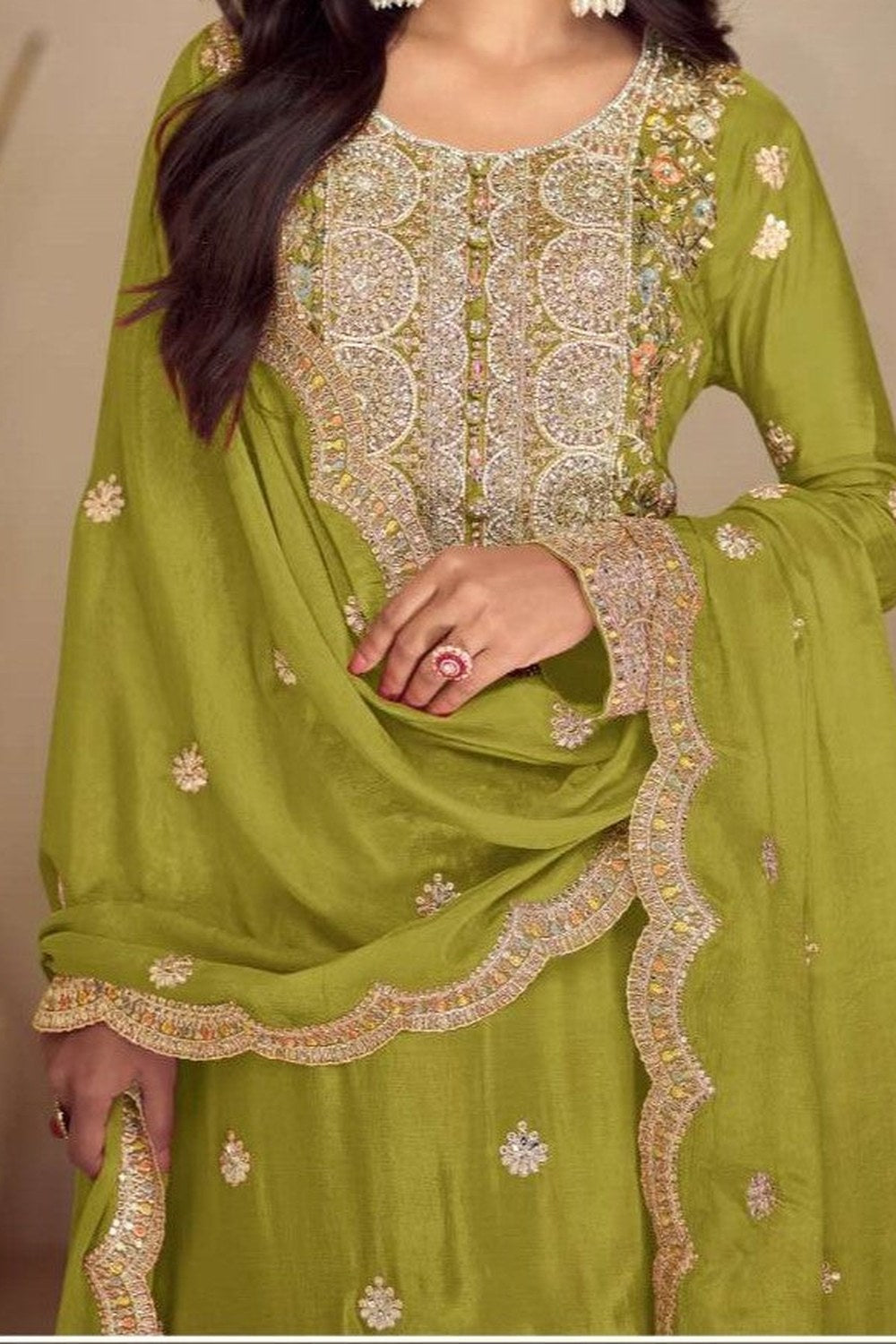 Green Chinon Silk Plazo Dress for Women with Embroidery - hem and footwear detail