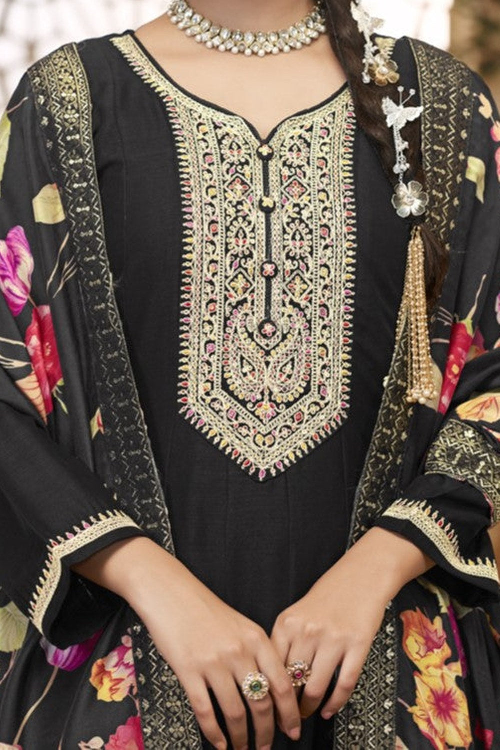 Black Chinon Silk Long Kameez Pant Suit For Indian Festivals & Weddings - Embroidery Work, Print Work - hem and footwear detail