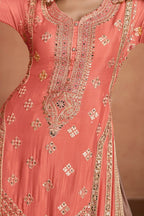 Coral Chinon Silk Plazo Suit For Indian & Pakistani Wedding Festival - Embroidery Work - hem and footwear detail