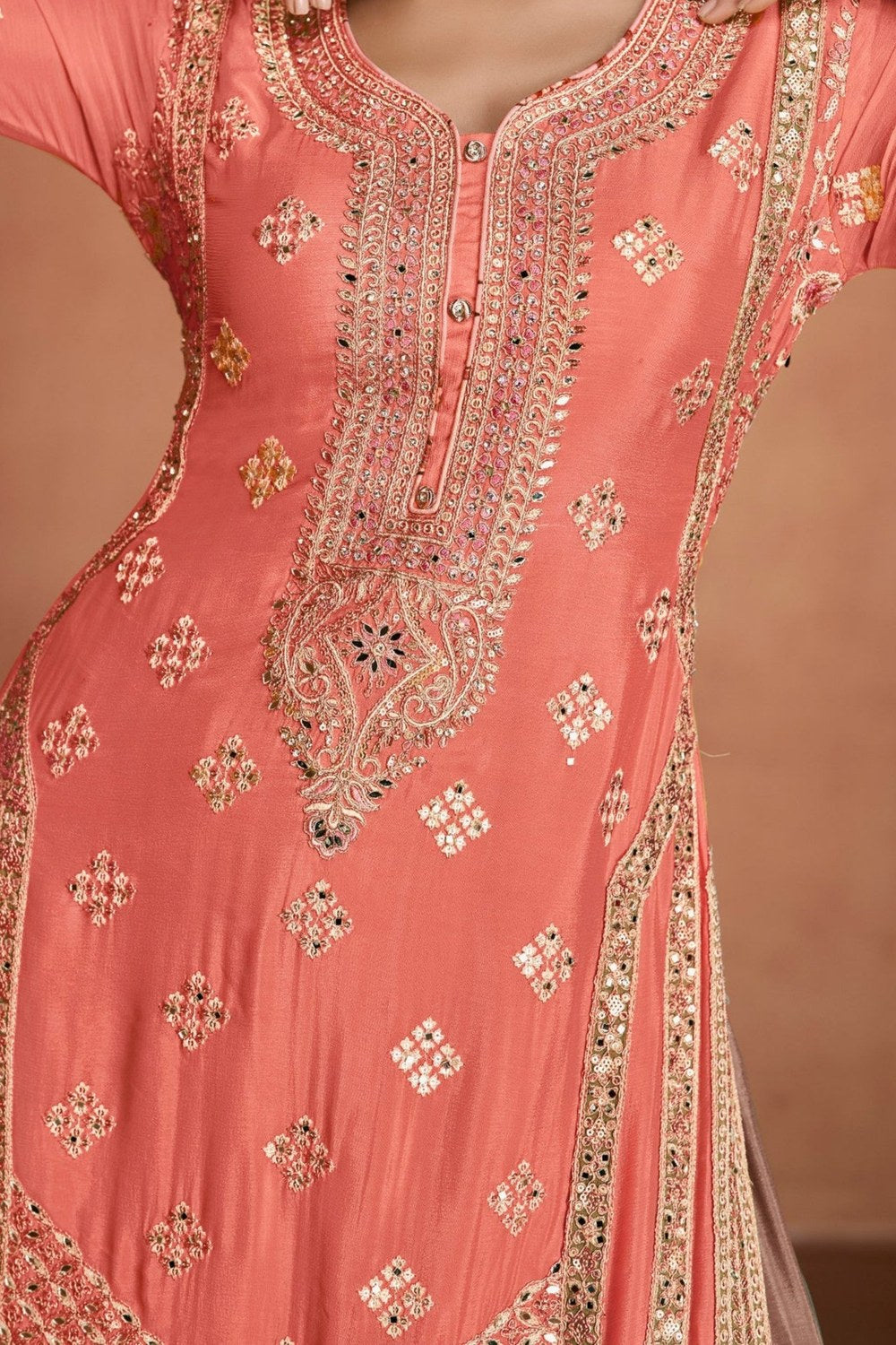 Coral Chinon Silk Plazo Suit For Indian & Pakistani Wedding Festival - Embroidery Work - hem and footwear detail