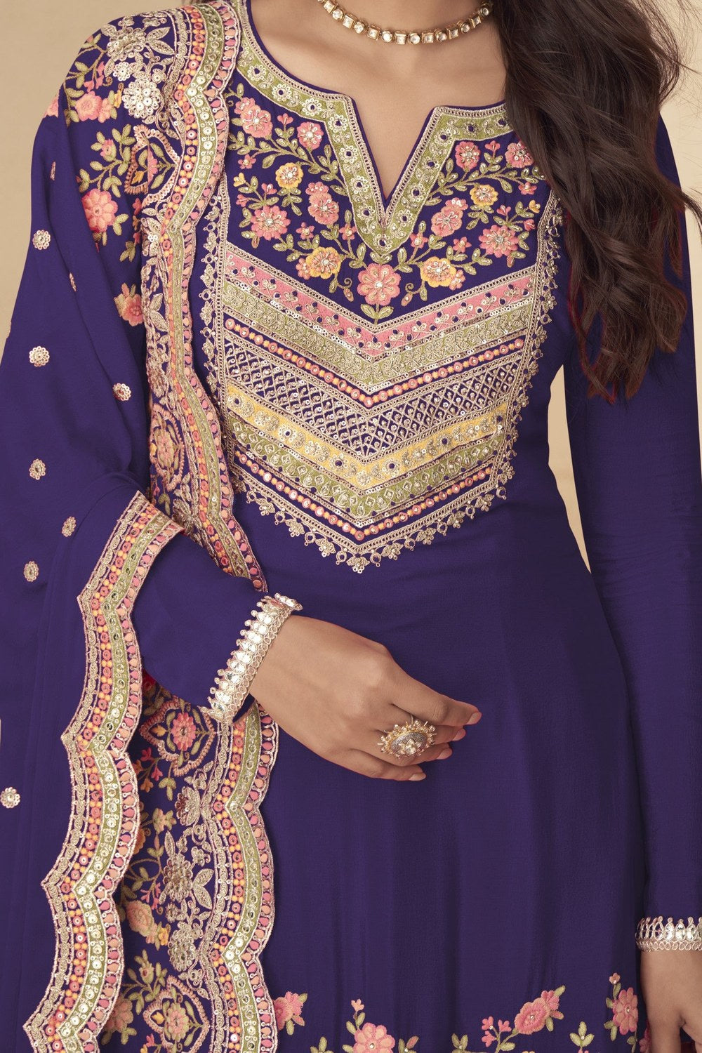 Palazo for Sangeet Violet Chinon Silk Palazzo Suit with Thread & Sequins Embroidery - hem and footwear detail
