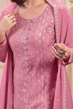 Baby Pink Chinon Silk Ladies Pink Pant Suits with Dupatta for Sangeet - Embroidery Work - hem and footwear detail