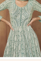 Pista Georgette Anarkali Suit For Indian & Pakistani Wedding Festival - Sequins & Thread Embroidery Work, Real Mirror Work - hem and footwear detail