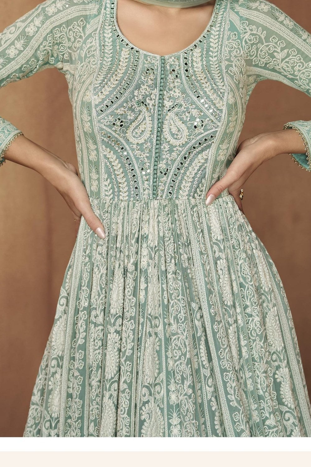 Pista Georgette Anarkali Suit For Indian & Pakistani Wedding Festival - Sequins & Thread Embroidery Work, Real Mirror Work - hem and footwear detail