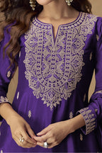 Purple Chinon Silk Palazo Pakistani Suits with Embroidery Work - hem and footwear detail