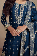 Teal Chinon Silk Plazo Kameez Suit For Indian Weddings & Pakistani Festival - Embroidery Work RTS - hem and footwear detail
