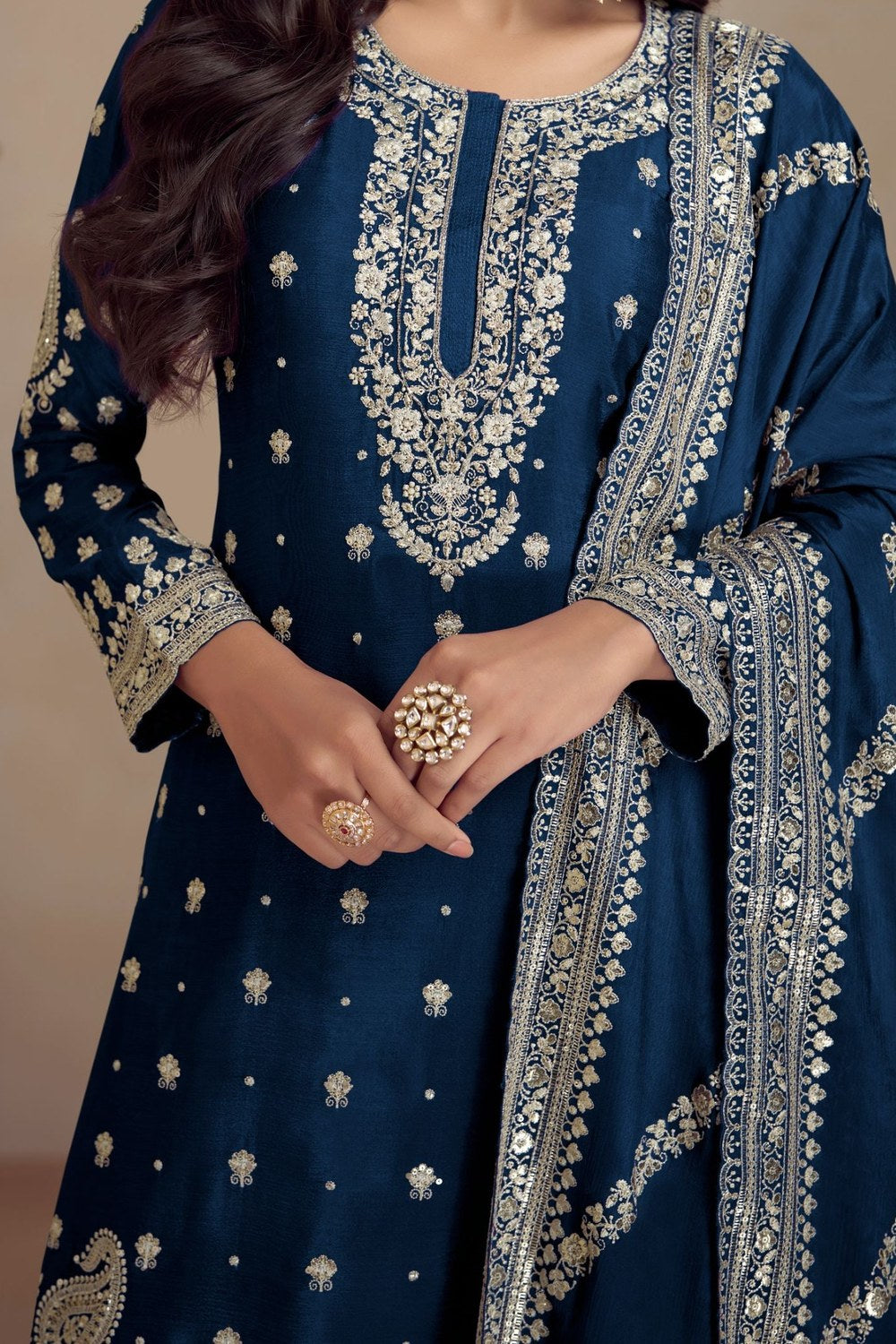 Teal Chinon Silk Plazo Kameez Suit For Indian Weddings & Pakistani Festival - Embroidery Work RTS - hem and footwear detail