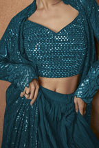 Teal Party Wear Dress: Georgette Choli with Palazzo & Jacket Suit in Sequin Work - hem and footwear detail